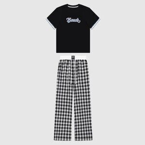 B.Sure Black Short-Sleeved Plaid Trousers Suit